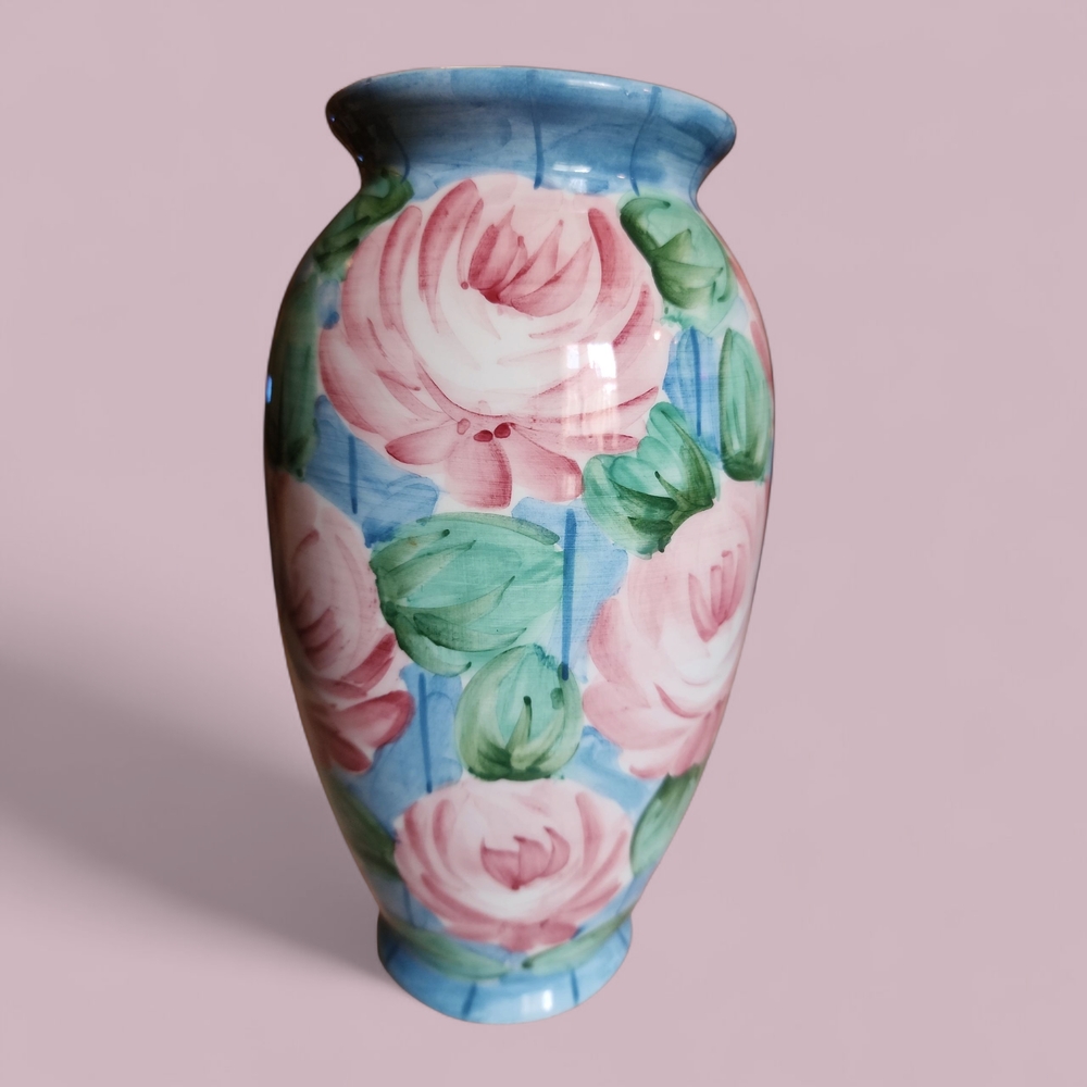 Italian Hand-Painted Rose Floral Cottagecore Ceramic Vase with Pink Roses